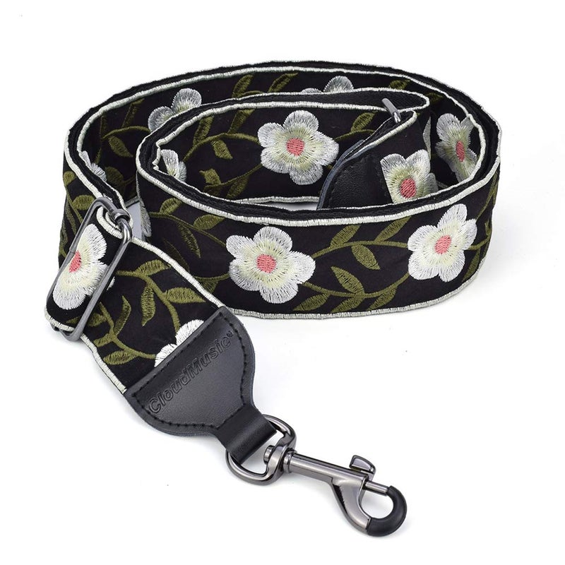 CLOUDMUSIC Banjo Strap Guitar Strap For Handbag Purse Jacquard Woven With Leather Ends And Metal Clips(White Flowers) - Image 1